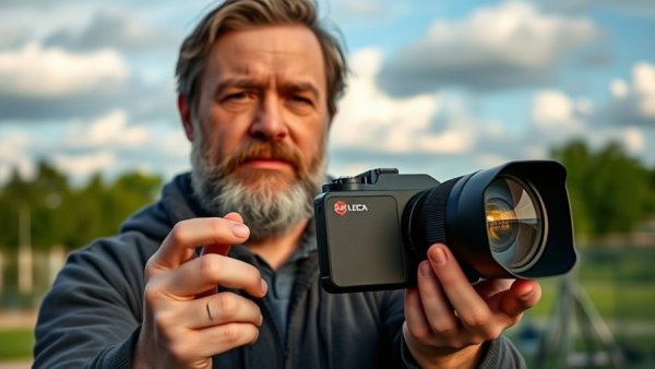 Man holding Leica Cine Play 1 projector outdoors.