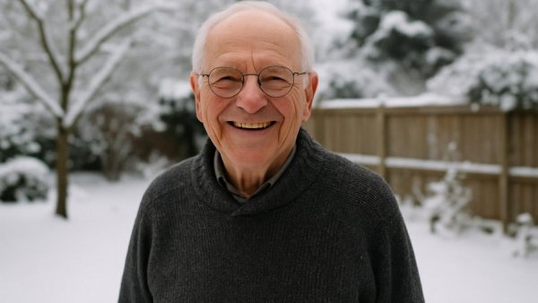 Elderly man smiling in snowy garden, CDU Krise Uetersen.