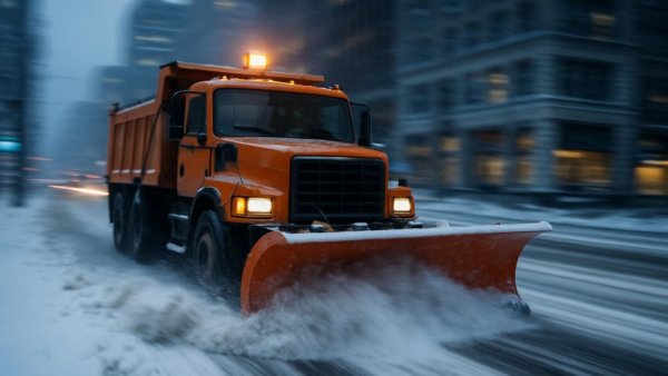 Winterdienst in Hamburg: Snowplow clearing city street in motion.