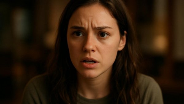 Young woman speaking with concern, warm lighting.