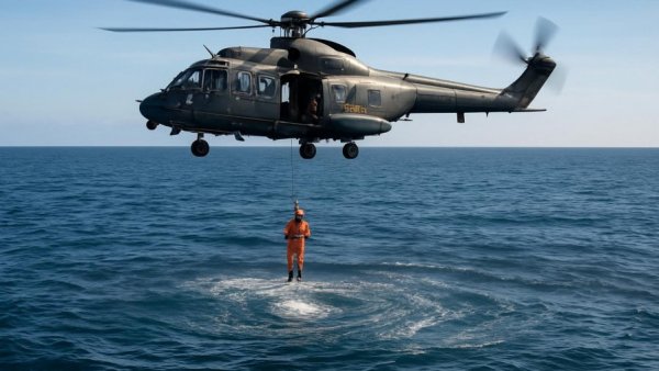 Dynamic helicopter rescue operation during Minentaucher Abschlussprüfung.