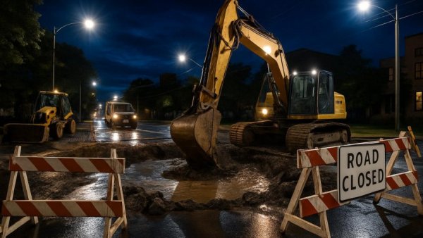Wasserrohrbruch in der Schlossstraße Reinbek, night construction scene with barriers.