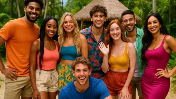 Group from 'Are You The One? 2026' posing on a tropical set.