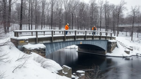 Berlin blackout investigation scene with workers on snowy bridge.