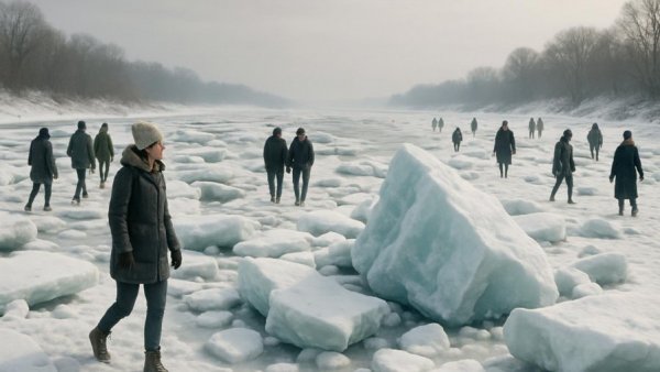 Winter scene with icebergs on the Elbe River.