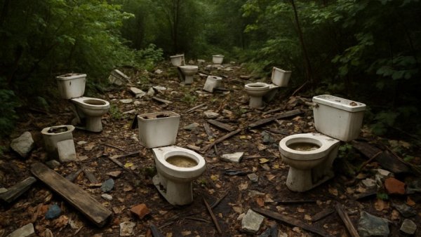 Illegal dumping: discarded toilets in a wooded area.