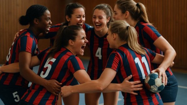 THW Kiel Frauen-Team huddle displaying teamwork in gym.