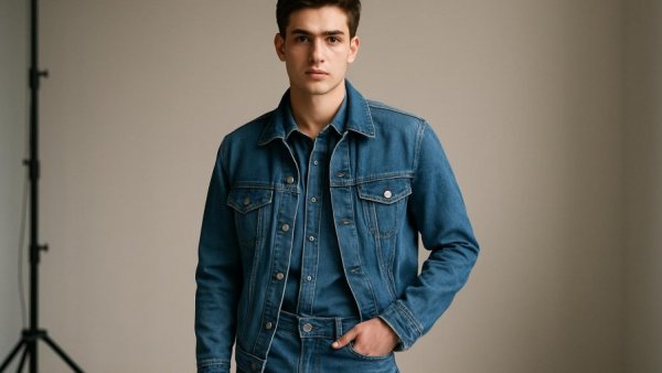 Männer im Model-Business: Young male model posing in denim during photoshoot.