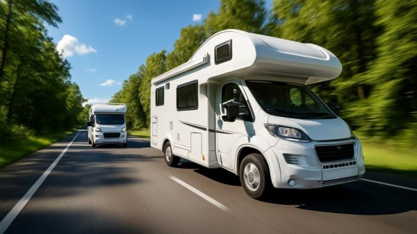 Modern motorhomes on a scenic highway with green trees under a blue sky.