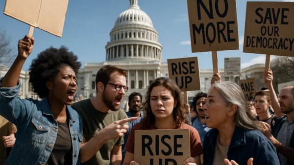 Protesters with democracy sign near Capitol, No Kings Proteste gegen Trump