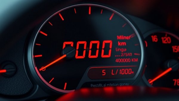 Car dashboard showing 400000 km and 5.8 L/100km, highlighting langlebige Autos Toyota.