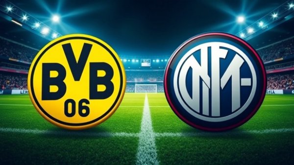 Champions League BVB gegen Inter Mailand match logos on soccer field.