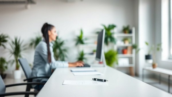 Minimalist modern office, male figure at desk, digital workspace.