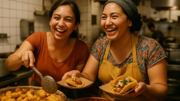 Norddeutsche Küche entdecken: Women serving street food in a kitchen.