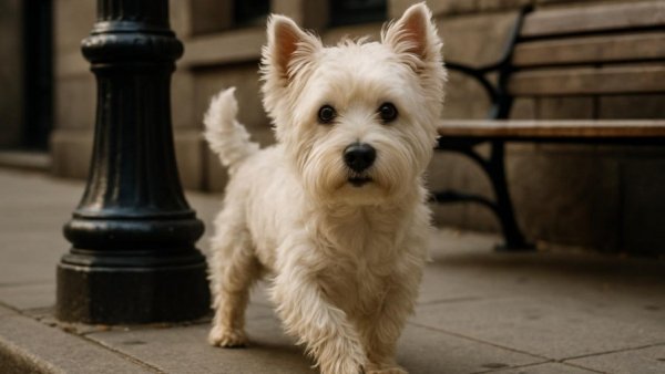 Curious white dog near streetlamp on urban sidewalk