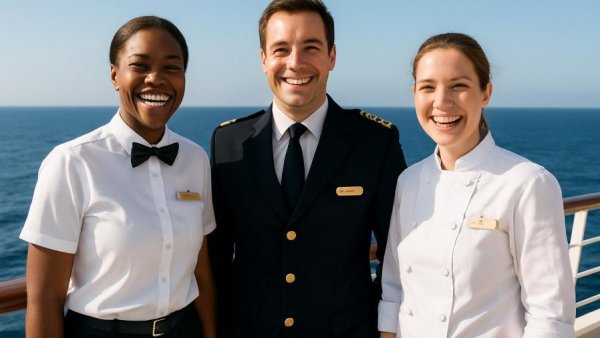 Karriere als Kreuzfahrt-Manager: Crew members on cruise ship deck.