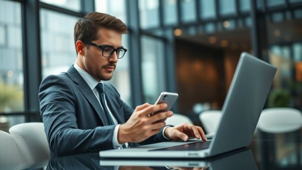 Verlängerung der Lebensdauer von Lithium-Ionen-Akkus: Businessman using smartphone and laptop.