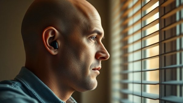 Man testing Sony LinkBuds Clip by window in warm light.