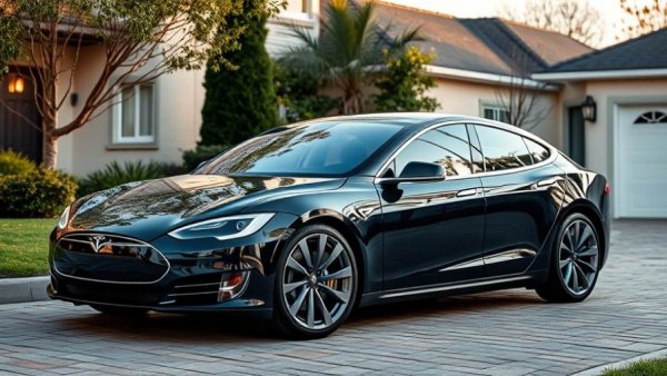 Sleek black Tesla Model S parked in modern driveway.