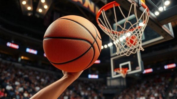 Basketball near the hoop during a live game with audience.