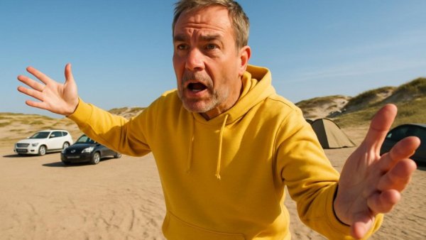 Campingplatz in Prerow: Man gestures in sandy campsite with cars and dunes.