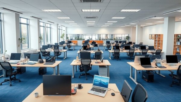 Modern office with adjustable desks and tech equipment