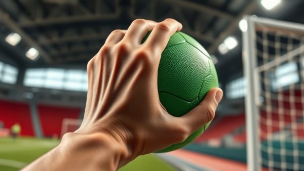 Close-up of a hand holding a green handball in an arena, reflecting action.