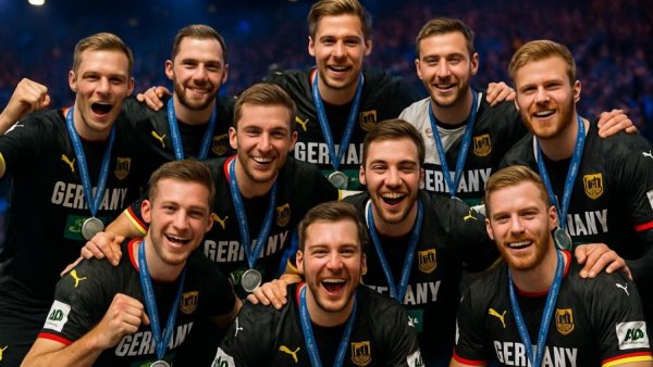 Deutsches Handball-Team posing with Silbermedaille in stadium.