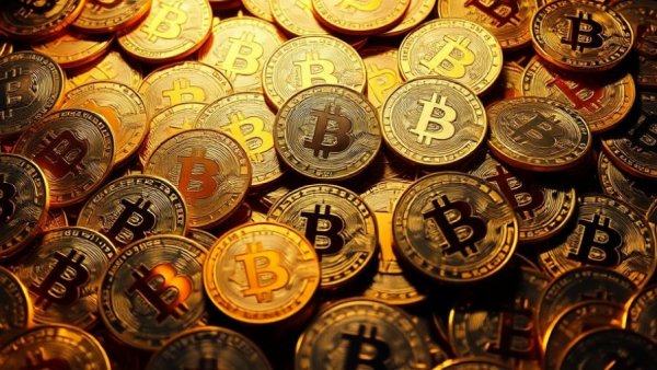 Digital coins displaying the Bitcoin logo, highlighting the Bitcoin price drop.