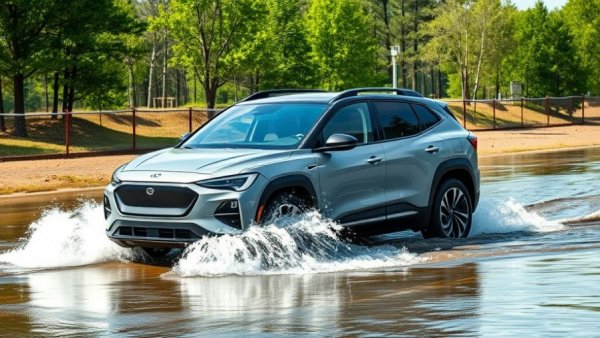 E-Autos aus China SUV navigating water on test track.