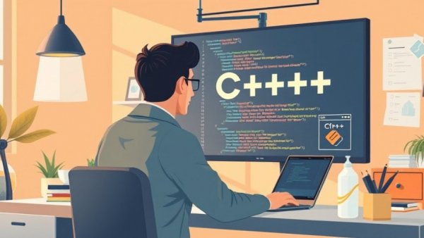 Illustration of programmer maintaining C++ code for long-term upkeep.
