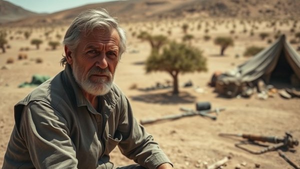 Rugged man and gear in desolate fallout scene, cinematic desert.