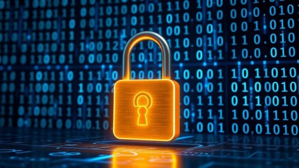 Ransomware Angriffe Schutzmaßnahmen: glowing padlock and binary code background.