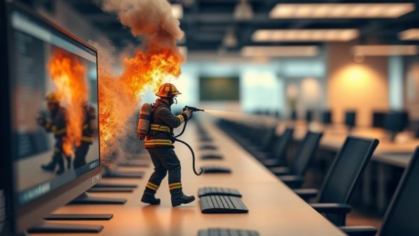Miniature firefighters handle computer fire in office, highlighting steps after incidents.