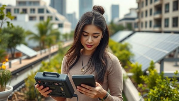 Young woman testing portable power stations outdoors for Powerstation Test 2026.