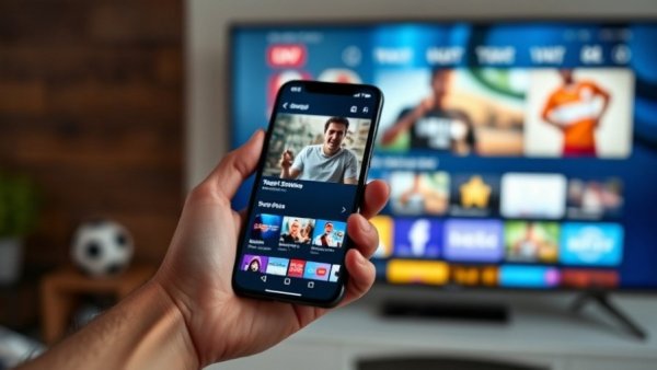 Hand holding smartphone with Prime Video app, streaming interface on TV.