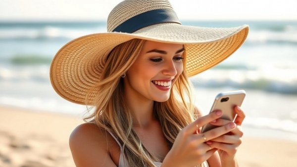 Woman relaxing by the sea using smartphone, congstar Surf-Pässe.