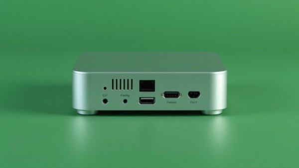 Sleek silver Mini-PC with Core i9 on green background.