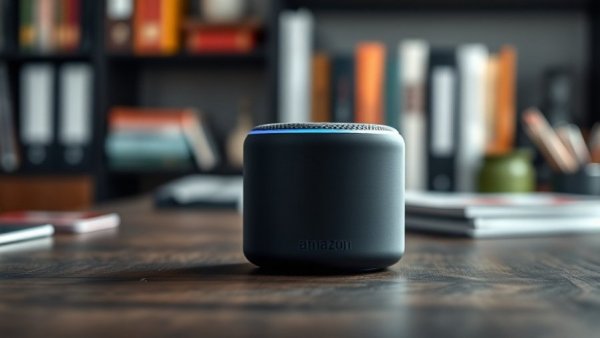 Amazon Echo Dot Max Test on wooden desk with blurred office background.