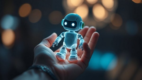 Holographic robot in hand, representing KI-Assistenten im Coding.