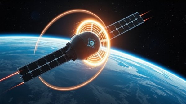 Futuristic satellite sending signals to Earth in space scene.