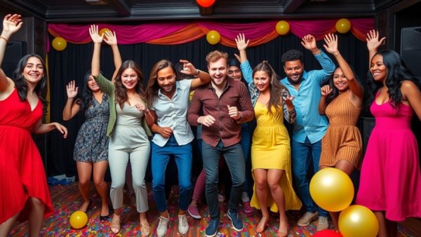 Joyful friends dancing in colorful clothes indoors, celebrating Congstar Prepaid-Tarife