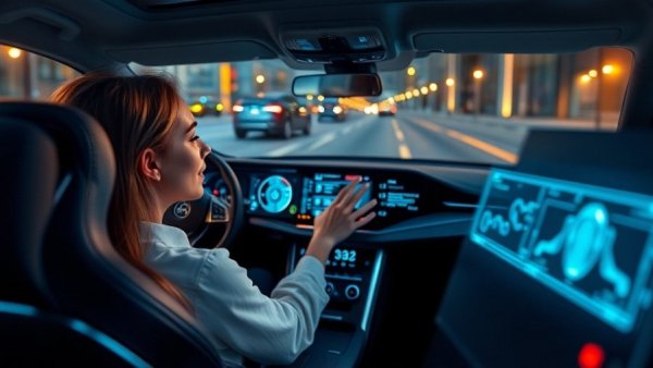 Futuristic autonomous car with holographic displays and relaxed passenger.