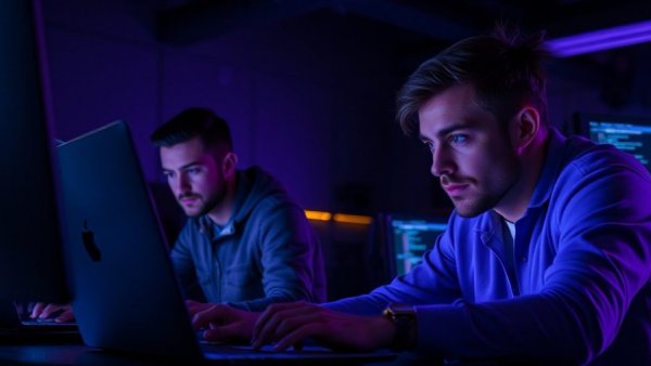 Zero-Day-Lücken: Personen analysieren Code auf Laptops in schwach beleuchtetem Raum.