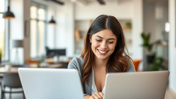 Frau am Laptop, Software Empfehlungen für neuen PC, lächelnd im Büro.