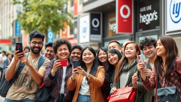 Young people using phones with Aldi Talk branding, unlimited data promotion.