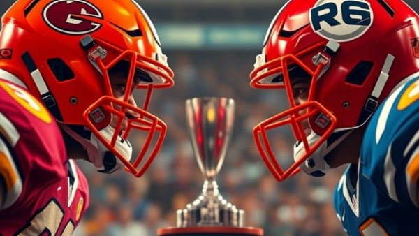 Super Bowl 2026 Uhrzeit: Intense face-off with team logos and trophy.