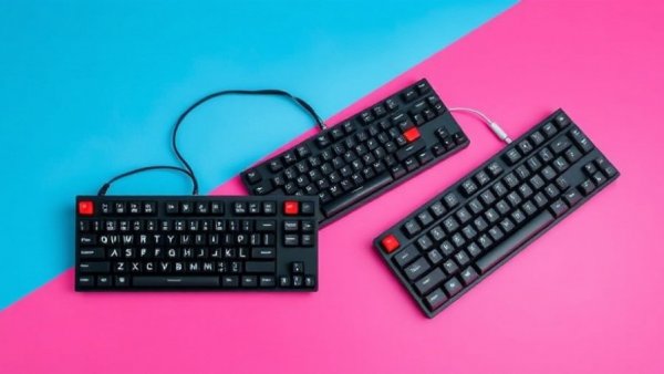 Drei schwarze Gaming-Tastaturen auf pink-blauem Hintergrund.