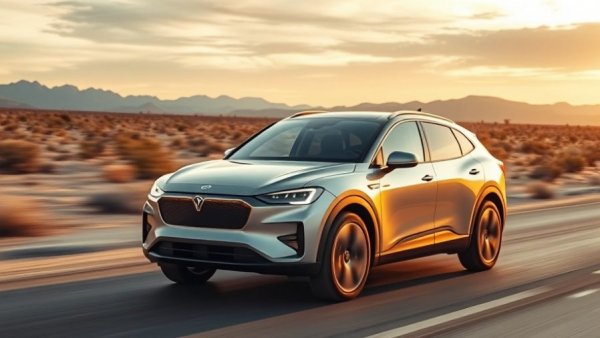 Große Elektroautos für Familien, silver SUV at sunset on desert road.