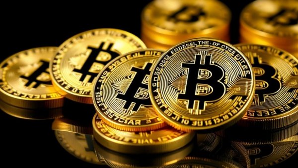 Glossy golden Bitcoins reflecting light, Krypto-Panne Bitcoin.